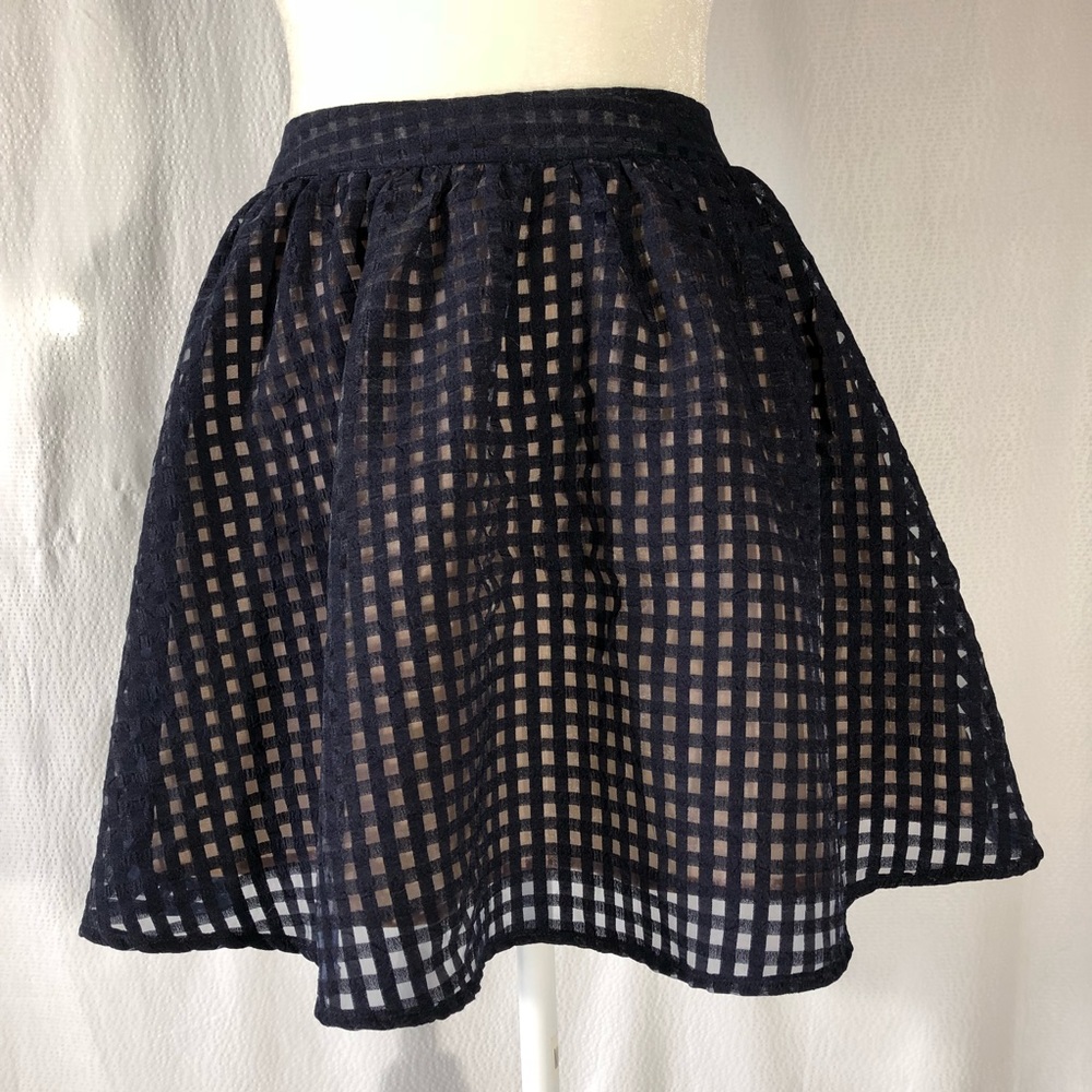 Lush Navy Sheer Check Overlay Mini Skaters Skirt